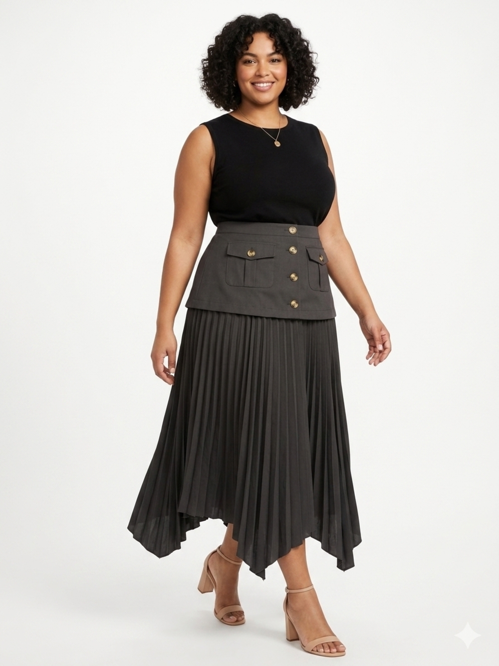 Pleated High-Low Skirt with Buttoned Waist Panel in Charcoal